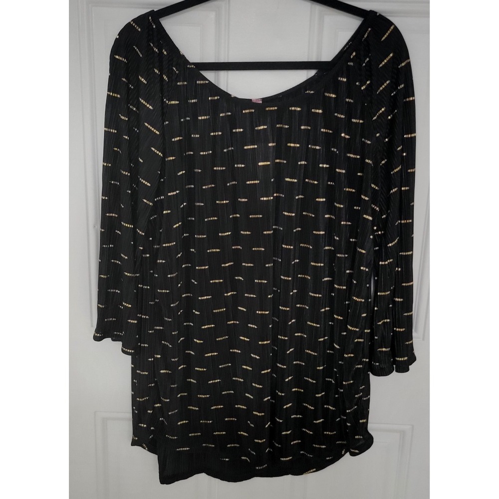 Amana Blouse Women's Long 3/4 Size Plus 2X Lightweight Black Gold Accent Top
